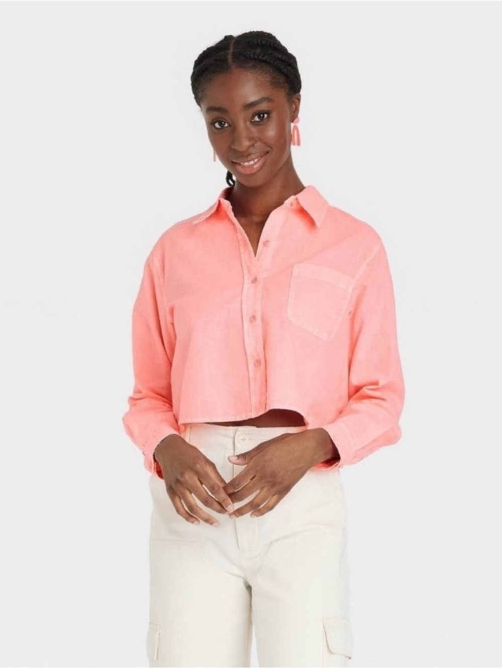 Universal Thread Coral Cropped Button-Down Shirt